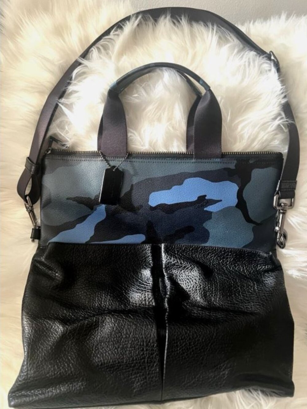 Coach F29736 Foldover Tote Bag Camo Print Leather Trim Large Travel Work Carryal